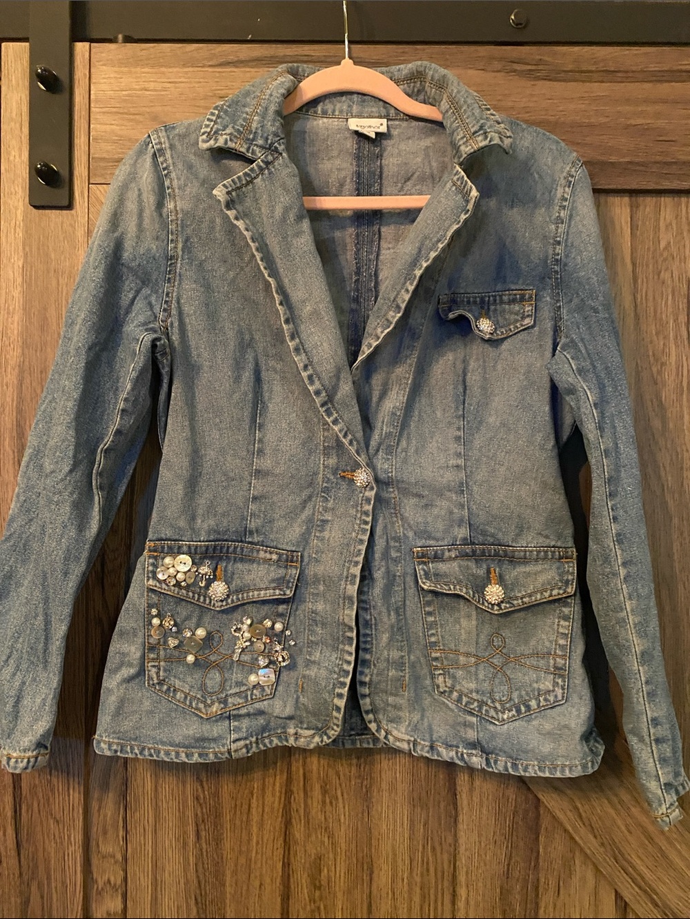 Vintage Together Embellished Denim Blazer Jacket Size 10 Rhinestone Pearl